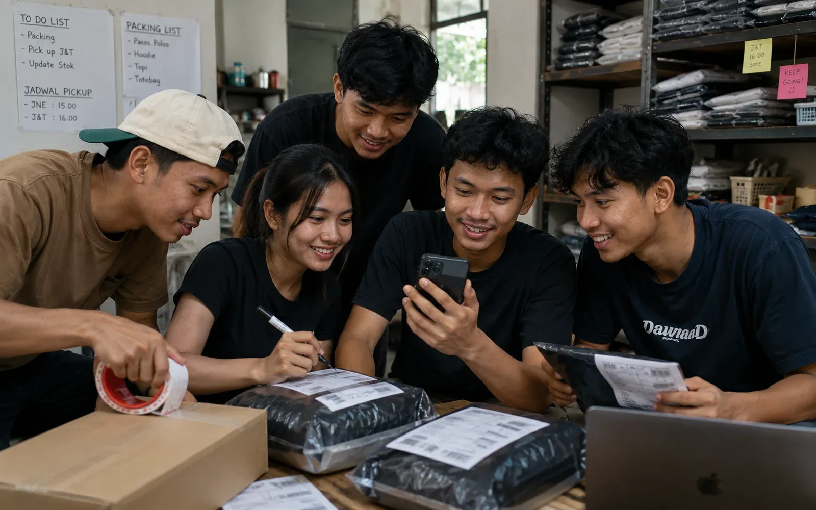 Sekelompok generasi muda mengemas pesanan bersama sambil melihat satu ponsel