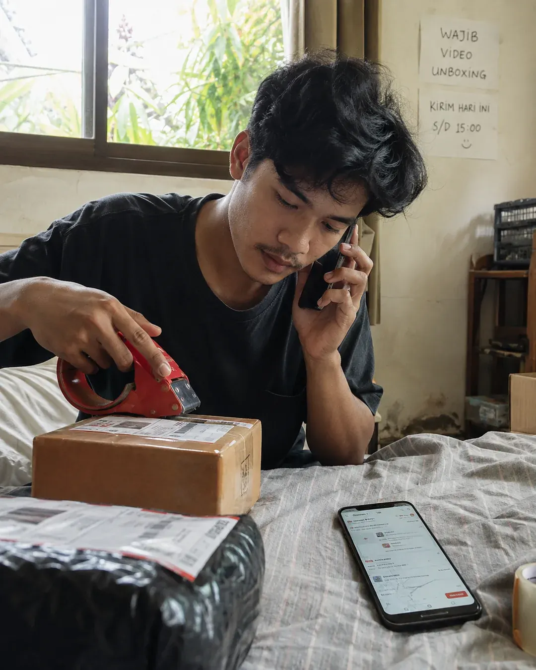 Penjual muda menelepon pembeli sambil menyegel paket di kamarnya