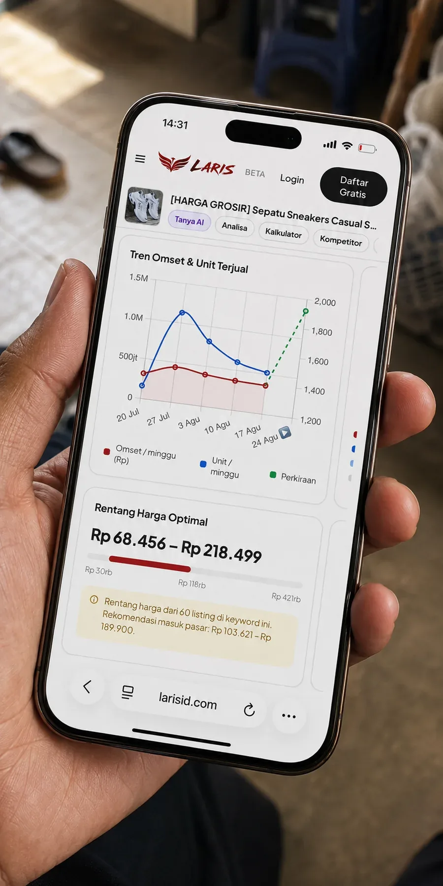 Layar Laris menampilkan tren omset dan rentang harga optimal sebuah produk